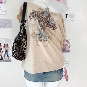 Y2K cowgirl Beige One-Shoulder Ornate Graphic Tee